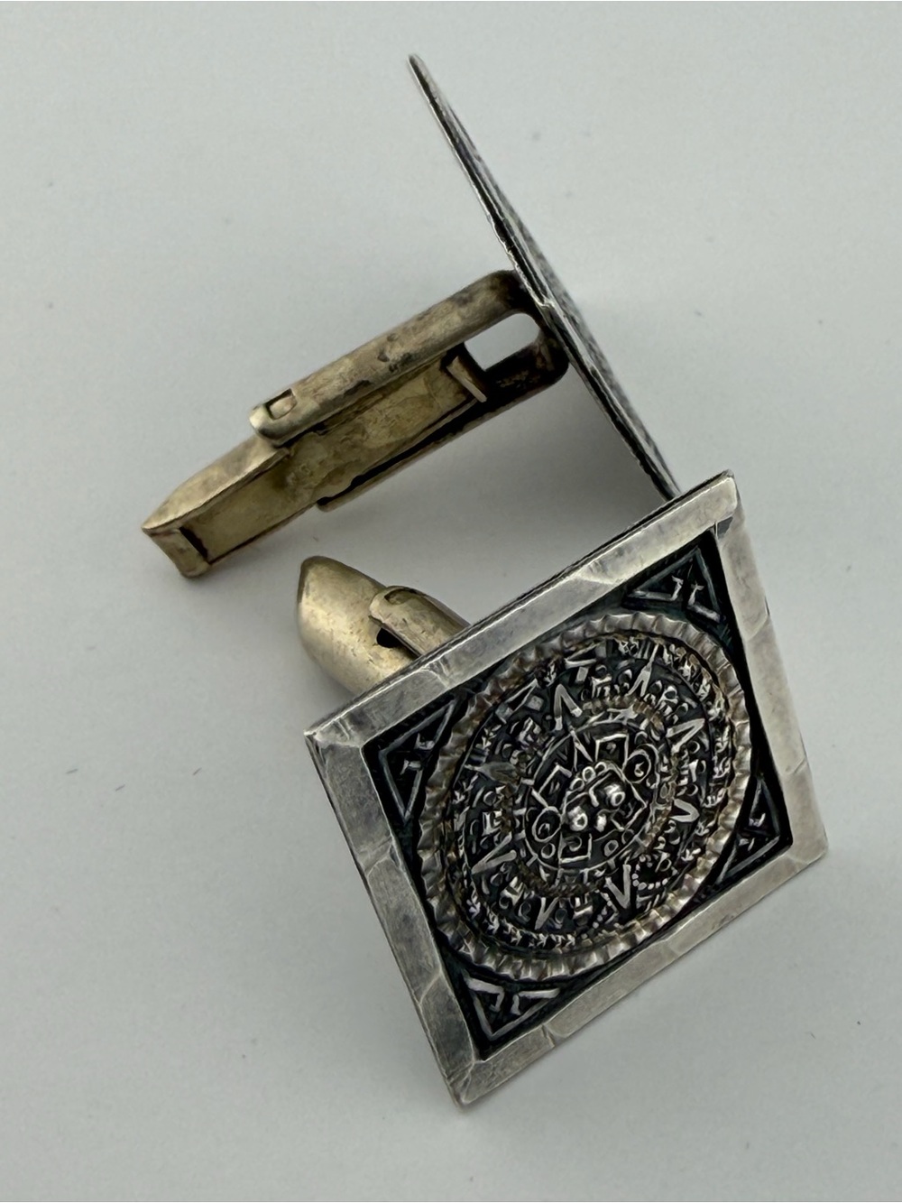 Vtg 50’s Sterling Silver Aztec Mayan Motif Square Cufflinks